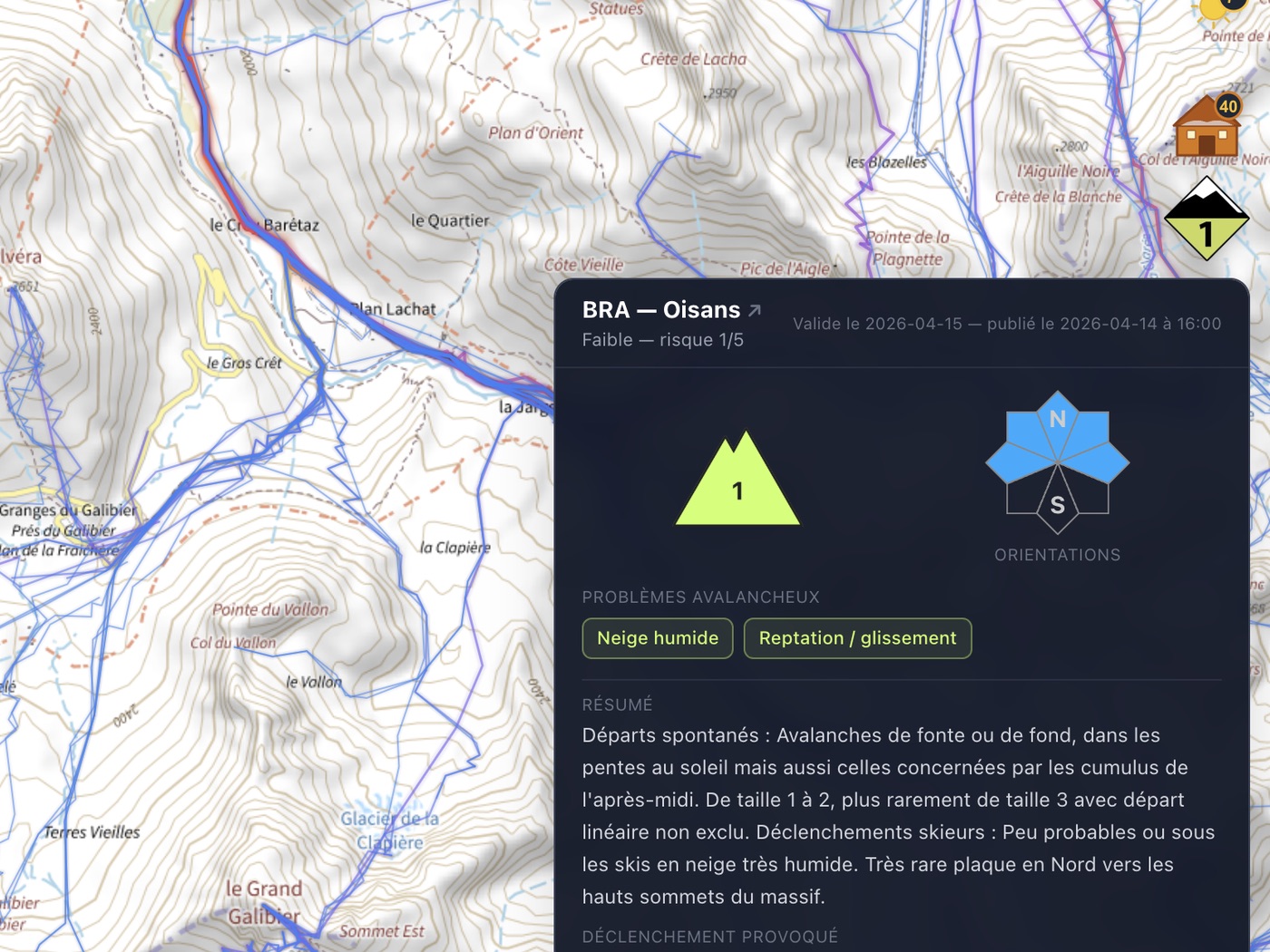 Avalanche bulletin and avalanche observations on the map
