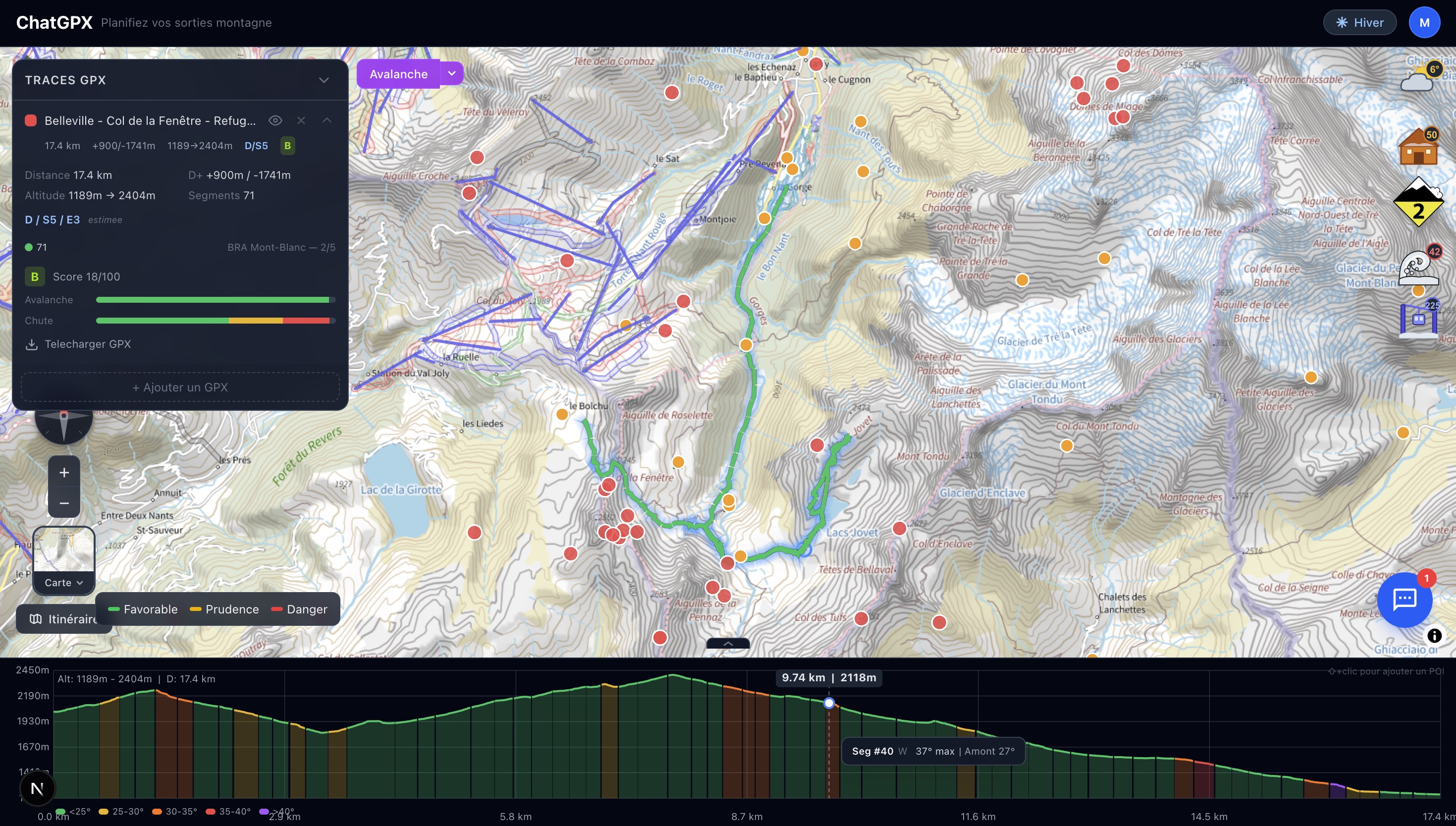 ChatGPX with IGN map, GPX track, elevation profile, and avalanche data