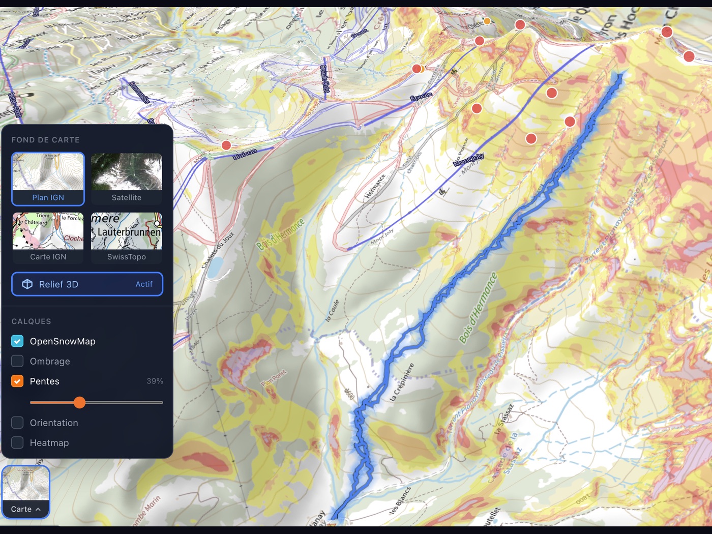3D view with IGN map and colored slope overlay